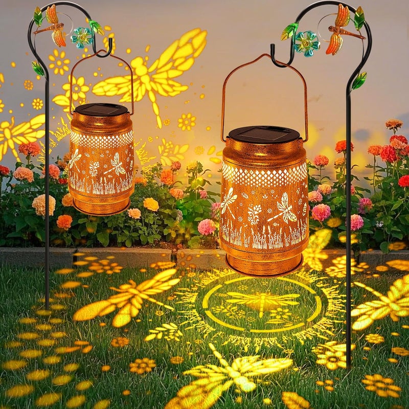 SANDECO 2 Pack Solar Lanterns Outdoor Waterproof Dragonfly Garden Decor, Gifts for Women Mom Grandma Birthday, Hanging Solar Lights Metal LED Decoration with Shepherd Hook Outside for Yard Patio Lawn Porch - Image 1